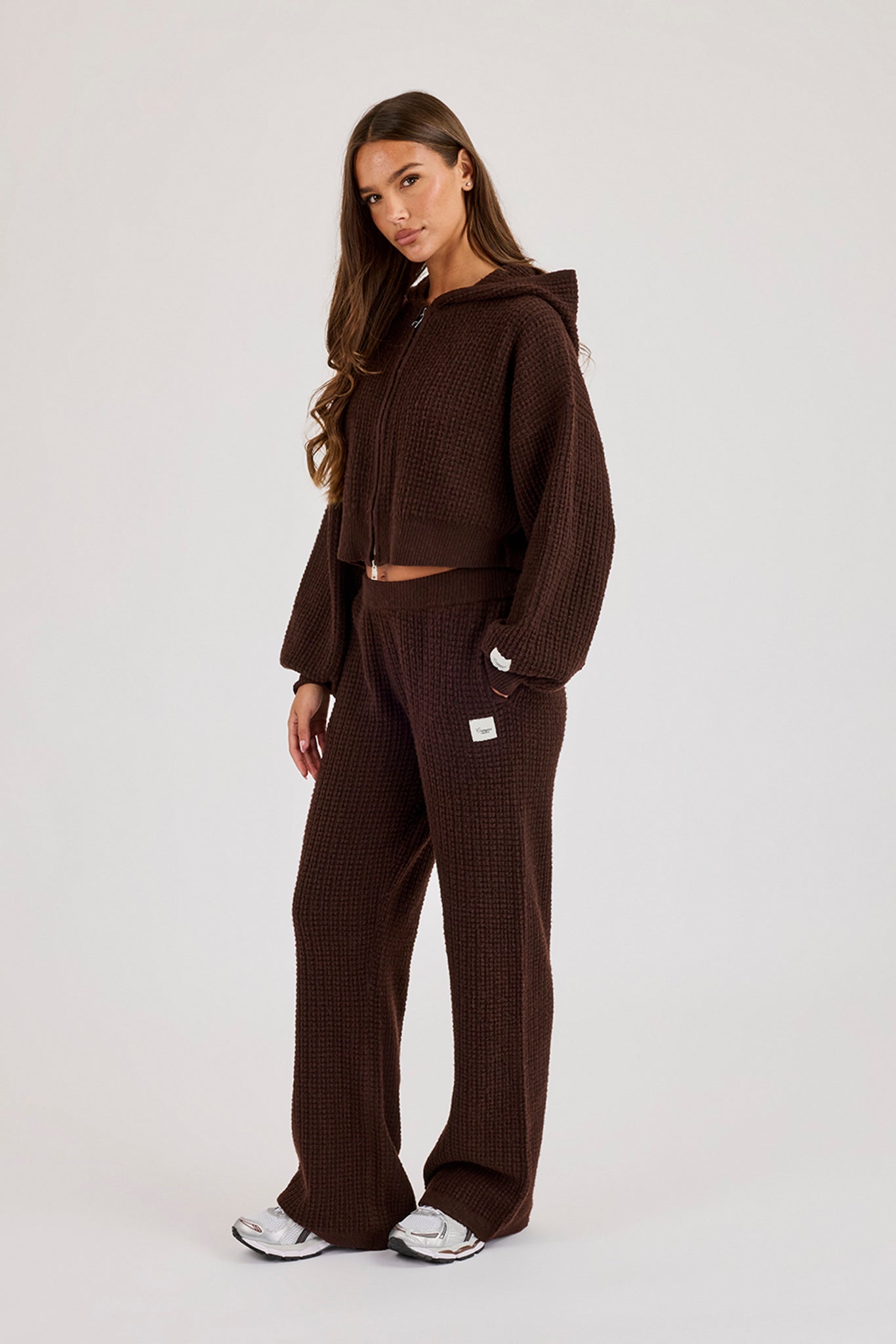 Waffle Knit Cropped Zip Through Hoodie & Wide Leg Jogger - Chocolate